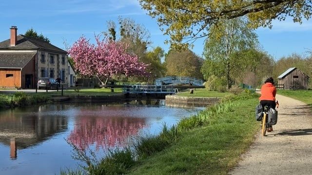 Cycliste longeant un canal bordé d’arbres et d’une écluse